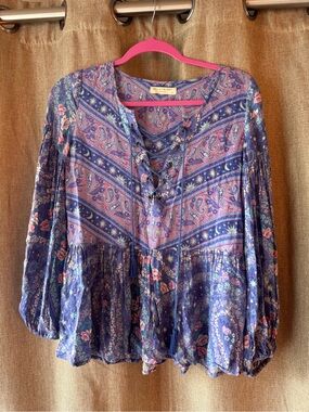 Spell City Lights Lace-Up Boho Blouse in Purple and Pink Paisley